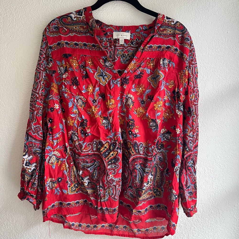 Lucky Brand Floral Pleated Blouse Rami Notch Neck Top
